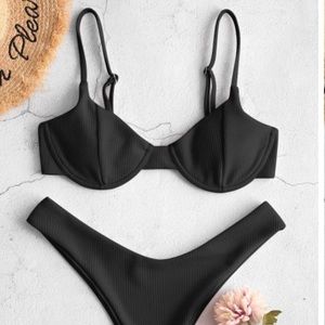 ZAFUL Black Ribbed Underwire High Leg Bikini - S/L